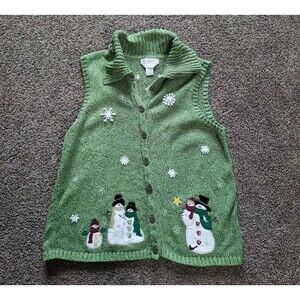 Christopher & Banks Med Embroidered Green Winter Holiday Christmas Sweater Vest